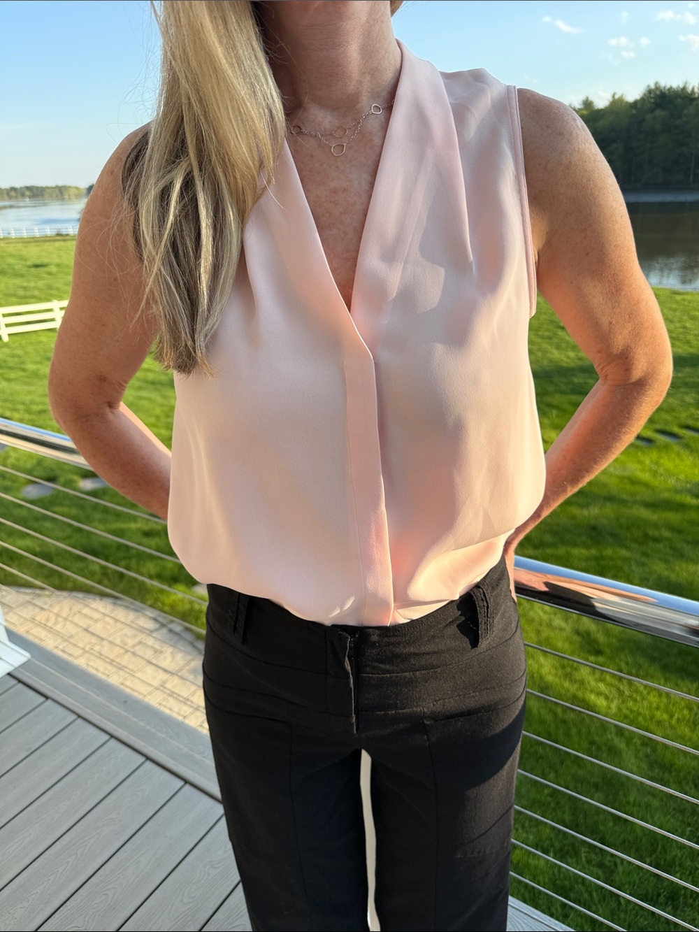 Aritzia Babaton Sleeveless V-Neck Blouse Light Academia Teacher Old Money Preppy